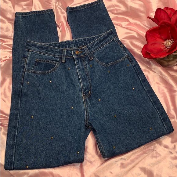 🌹Frederick's of Hollywood VINTAGE High Rise Denim Jeans w/Gold Stitching & Studs - Picture 1 of 12